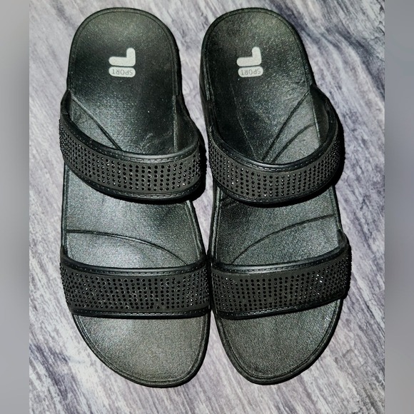 Fila Sport‎ Black Embellished Rhinestone Double Strap Slide Sandals - Picture 1 of 11
